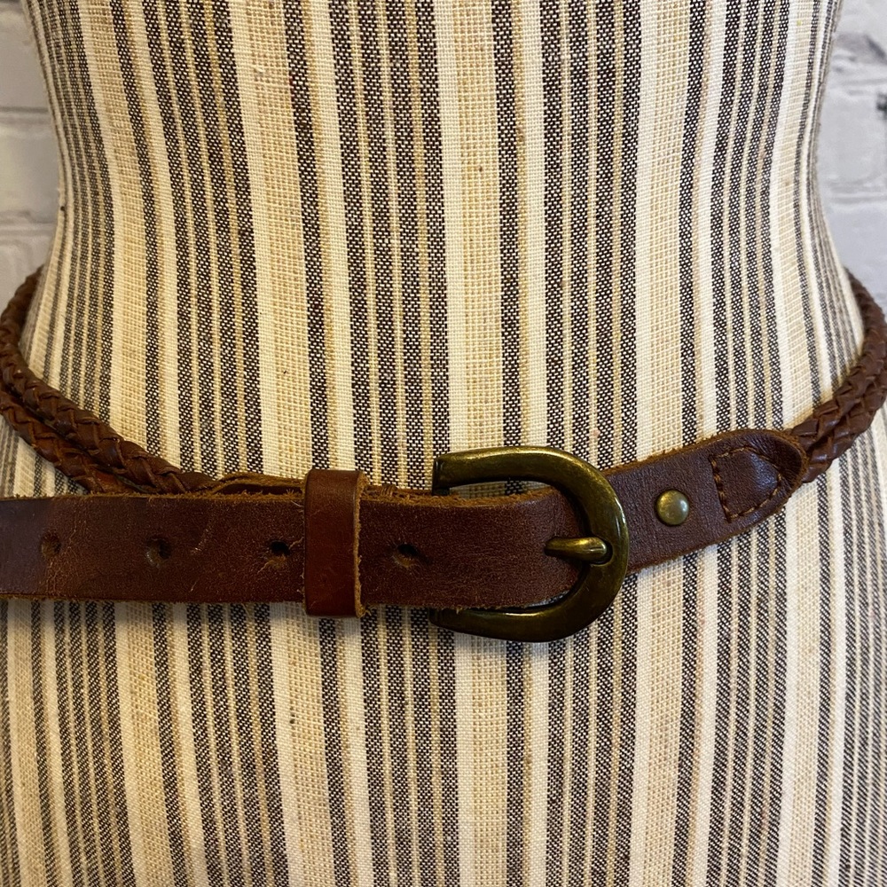 Woven Braided Leather Belt Women's Brown w/ Buckle Pad